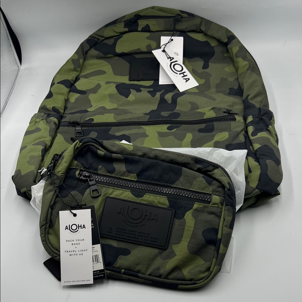 NWT ALOHA collection Green Camouflage Backpack Crossbody Set nylon z17